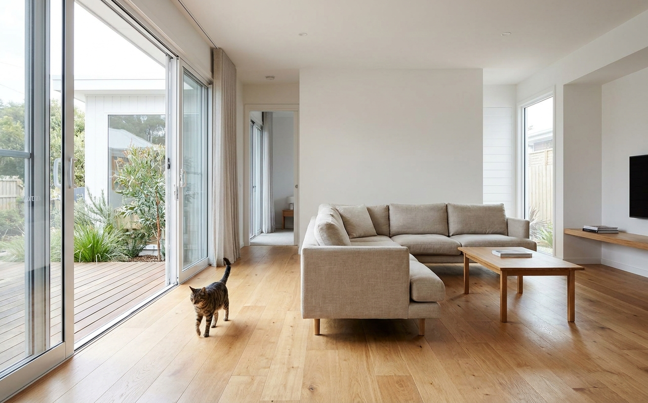 A cozy living room with natural light, perfect for using the best robot vacuum for pet hair while a cat strolls by.