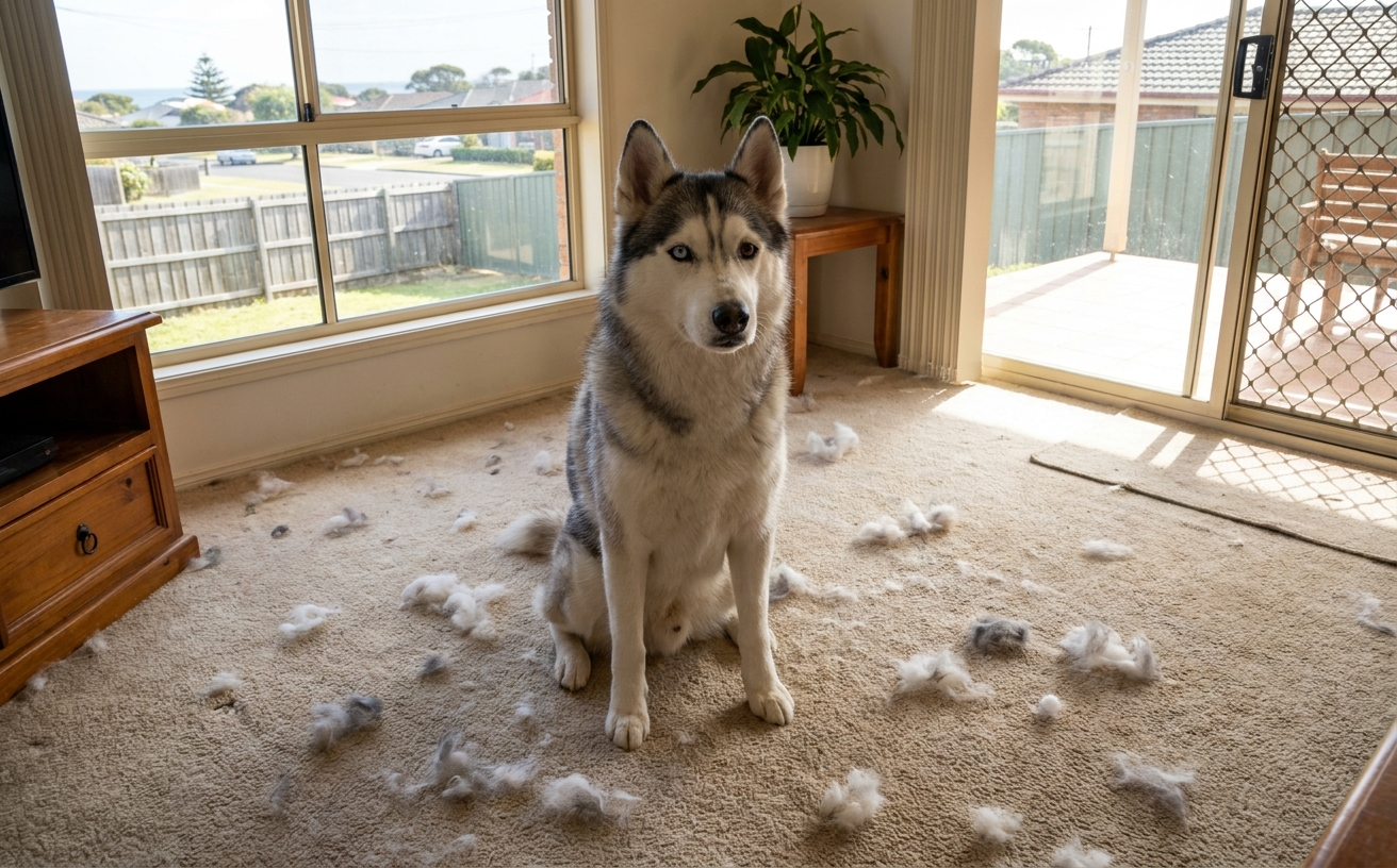 A husky sits in a room scattered with pet hair, highlighting the need for the best robot vacuum for pet hair.