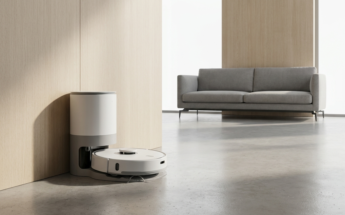 A modern living room featuring a robot floor cleaner near a sleek couch and wooden walls, showcasing minimalist design.