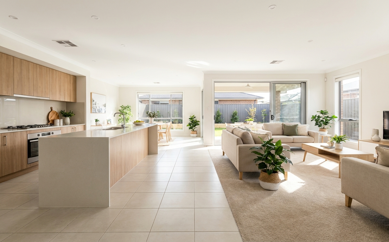 A modern living space featuring a stylish kitchen and comfortable seating area, perfect for a robot floor cleaner to navigate.