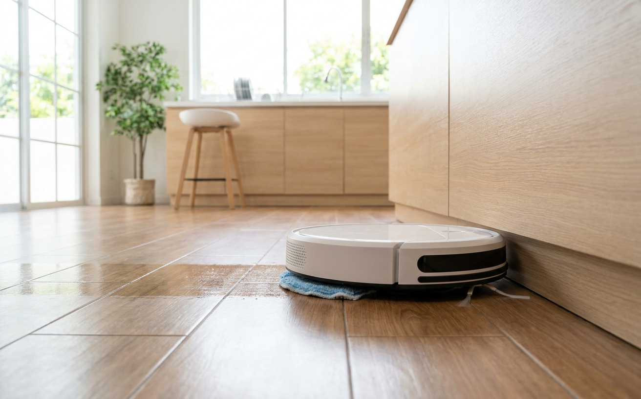 A robot floor cleaner operates on polished wooden floors, showcasing modern technology in a bright, airy kitchen space.