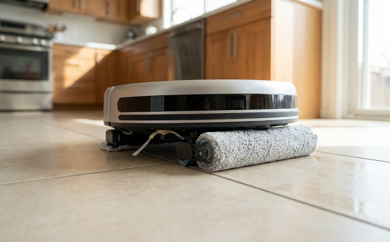 A robot floor cleaner on tiled kitchen flooring, showcasing its sleek design and efficient cleaning capabilities.