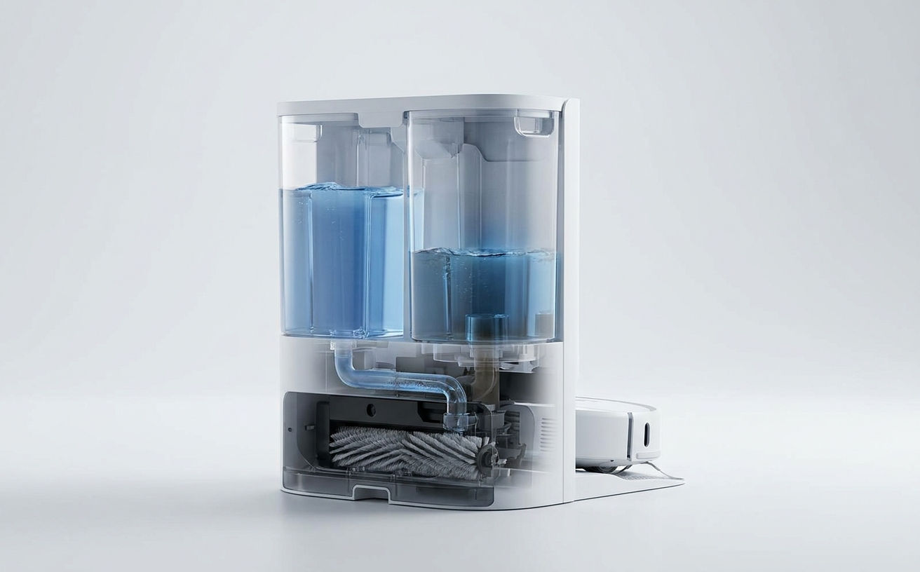 A modern auto vacuum and mop with transparent water tanks, showcasing advanced cleaning technology for efficient home maintenance.