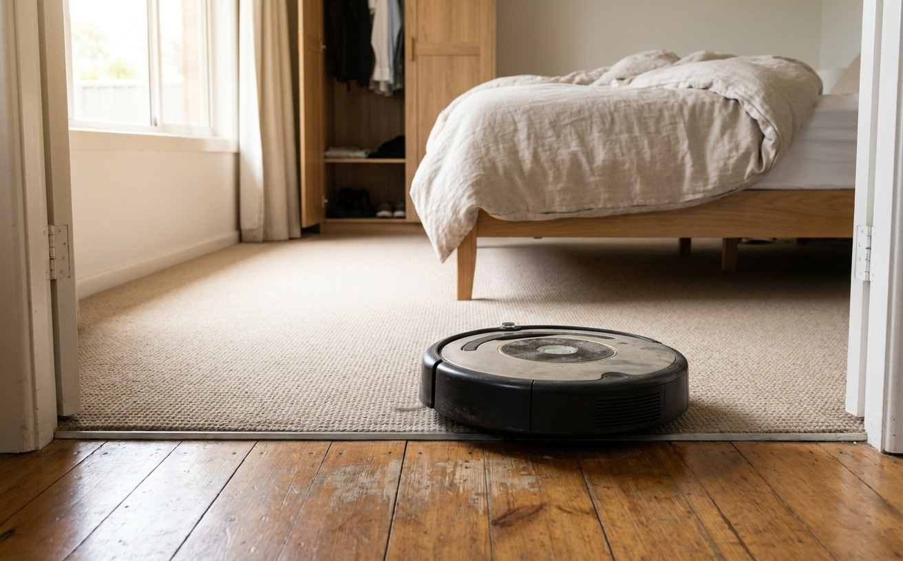 A room featuring an auto vacuum and mop on the carpet, with a neatly made bed and a closet in the background.