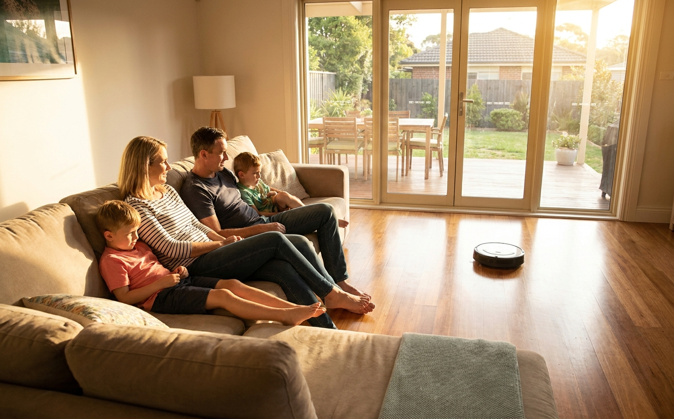 A family enjoys their time together on the couch while an auto vacuum and mop quietly cleans the floor nearby.