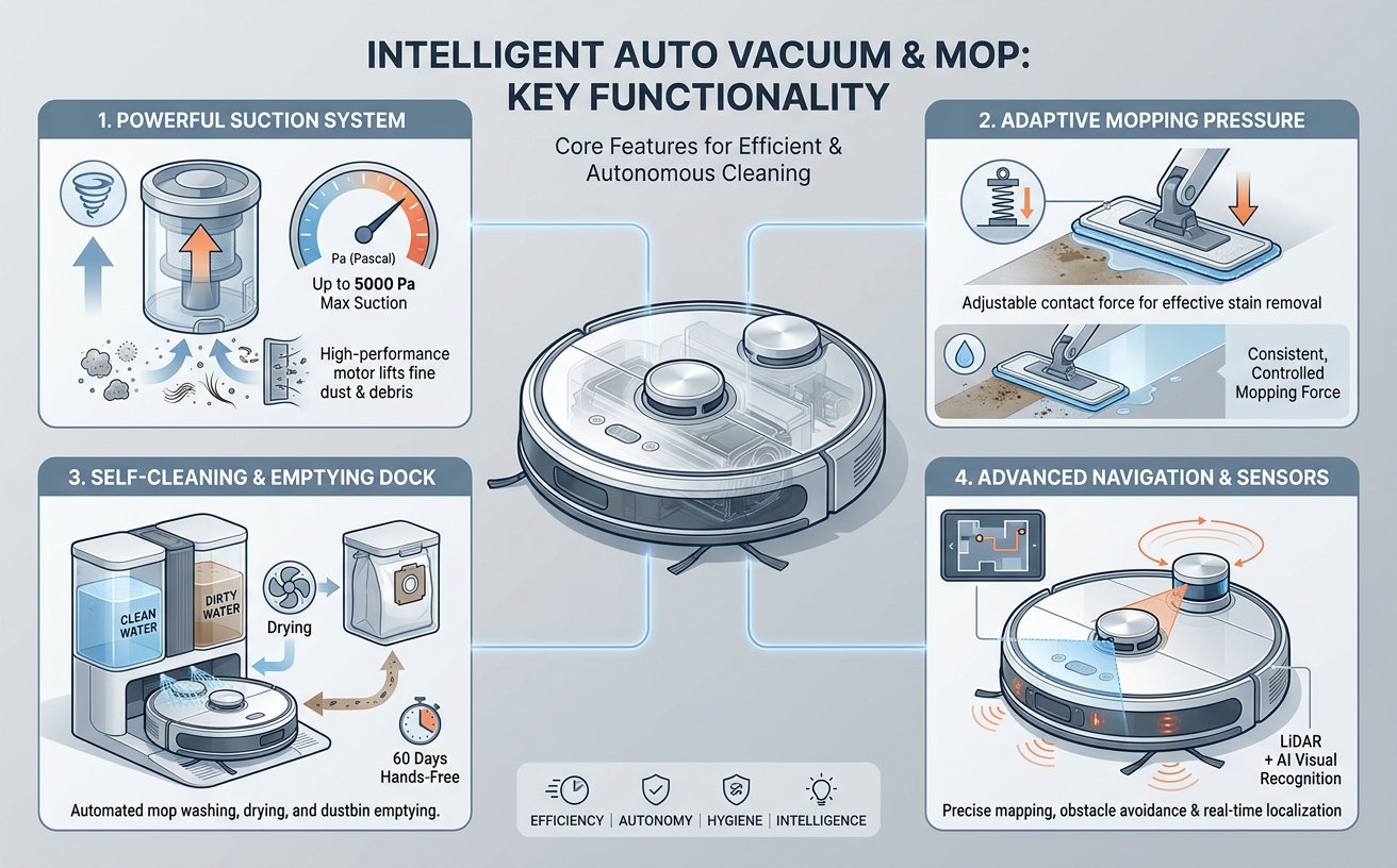 An informative diagram detailing the features of an intelligent auto vacuum and mop, highlighting efficiency and functionality.