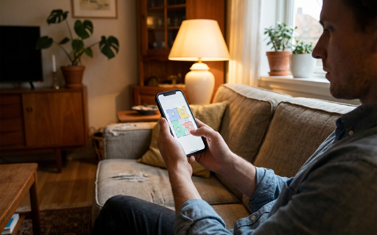 A person uses a smartphone app to control a robot cleaner with mop, set in a cozy living room environment.