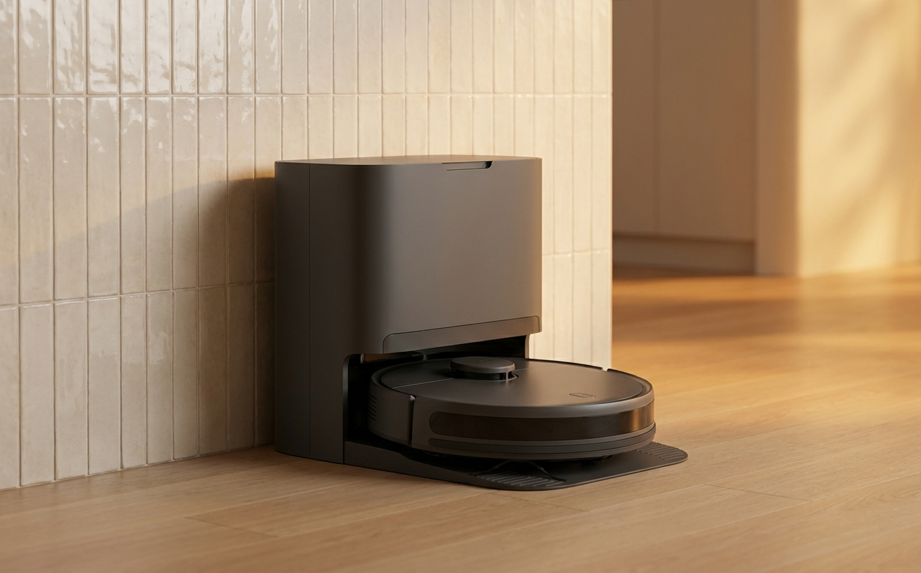 A sleek robot cleaner with mop sits in a modern home, ready to efficiently clean the floor while blending in with the decor.