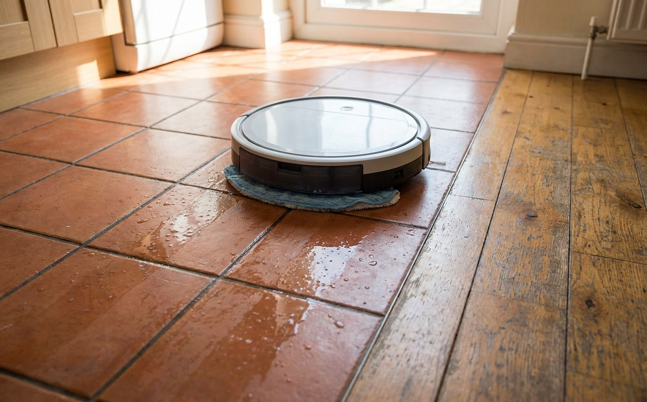 A robot cleaner with mop is efficiently cleaning tiled flooring, leaving the surface shiny and spotless.