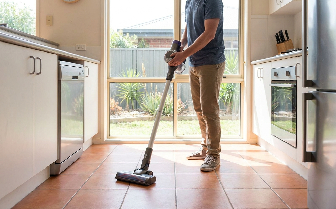 A person uses a robotic vacuum cleaner and mop in a bright kitchen, highlighting modern cleaning technology on tiled floors.
