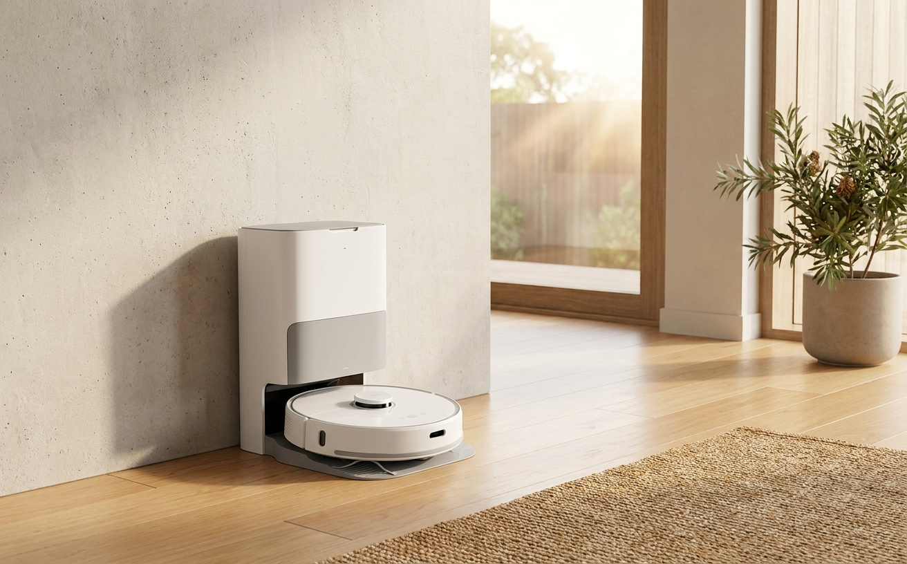 A sleek robotic vacuum cleaner and mop resting on a hardwood floor, ready to clean in a modern living space with natural light.