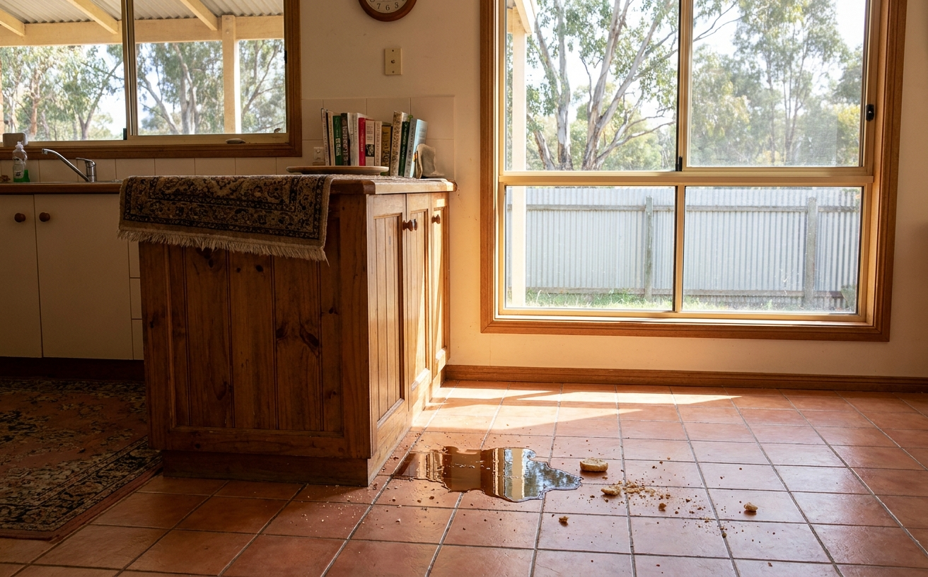 A modern kitchen area showing a mess on the floor, ideal for cleaning with a robotic vacuum cleaner and mop.