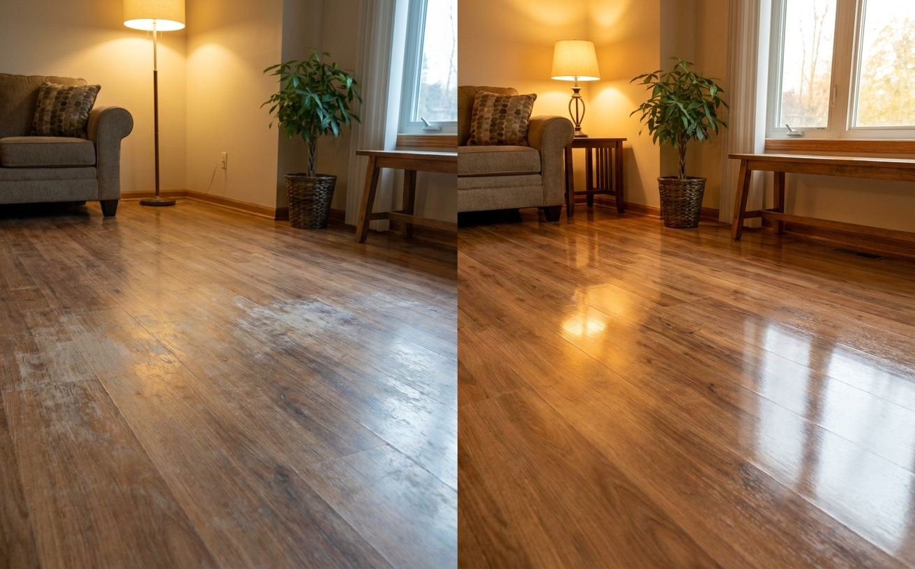 A clean, shiny floor after mopping, showcasing a cozy living room with furniture and plants, before and after comparison.