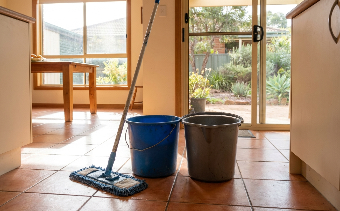 A mop stands beside two buckets in a bright room, ready for mopping the floor and making it shine.