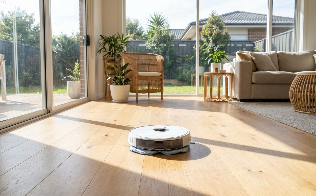 A robotic cleaner mopping the floor in a bright, warm living room with modern decor and large windows.