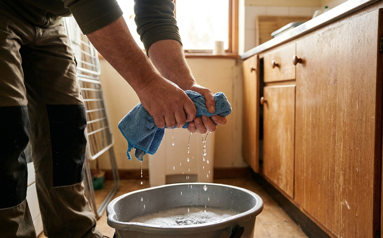 A person mopping the floor is squeezing a cloth above a bucket filled with soapy water in a kitchen setting.