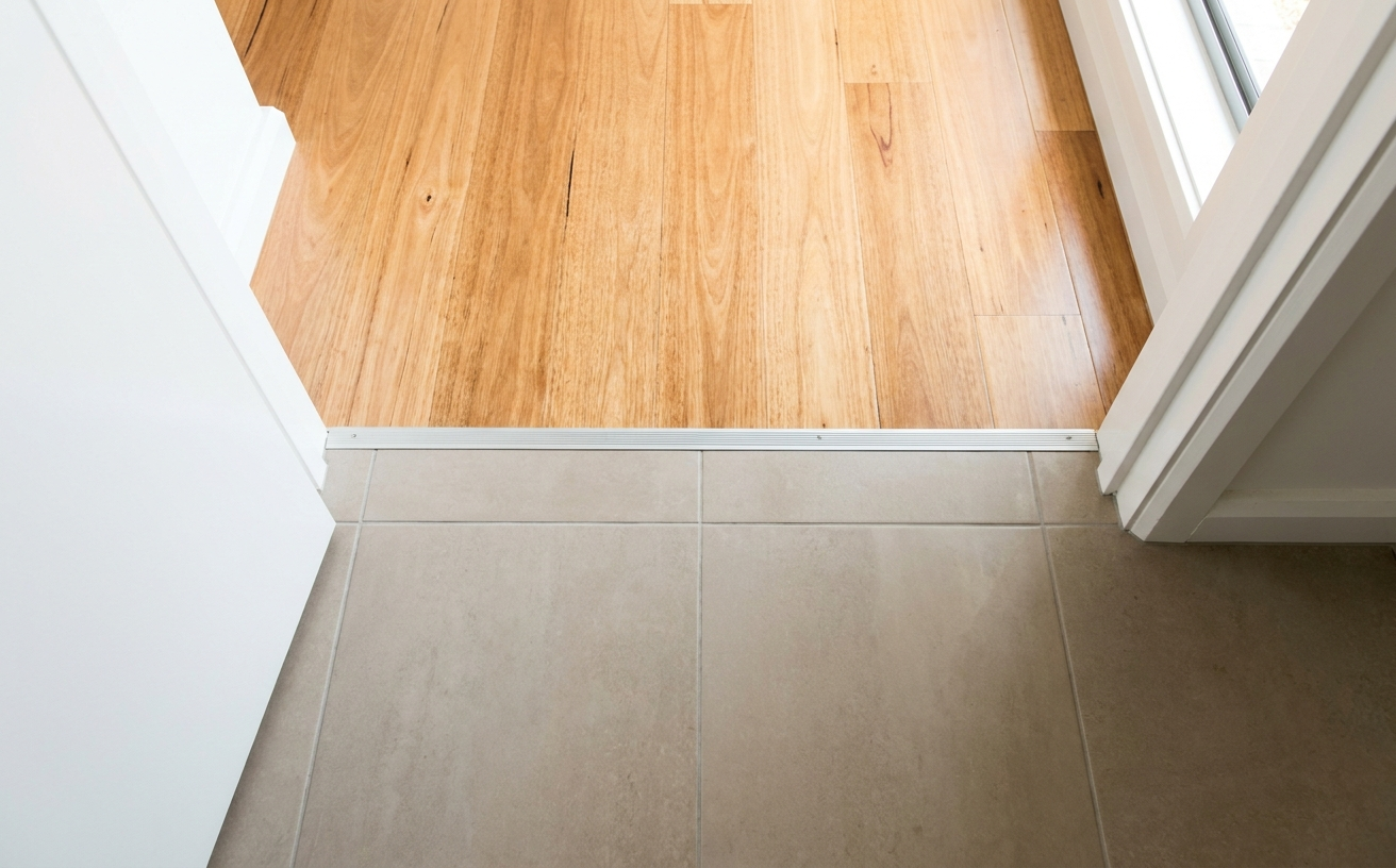 A smooth transition between wood and tile floors, ideal for showcasing the best mop and vacuum combo for cleaning.