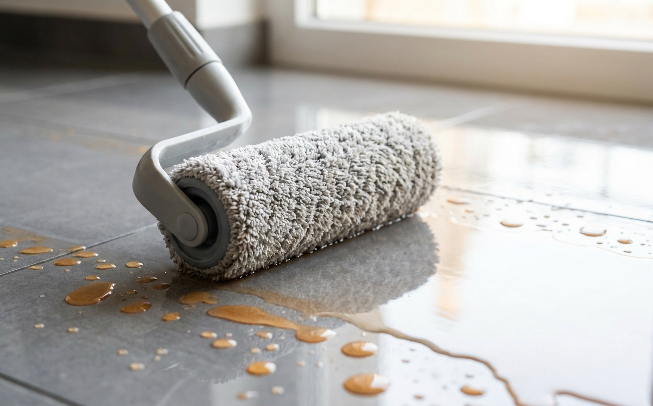 A close-up of a cleaning roller on a wet floor, showcasing an efficient tool for the best mop and vacuum combo.
