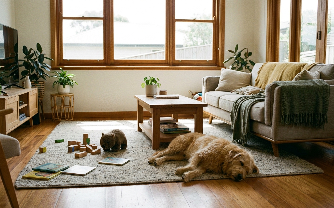 A cozy living room with a dog resting on a rug, showcasing the best mop and vacuum combo for easy cleaning.