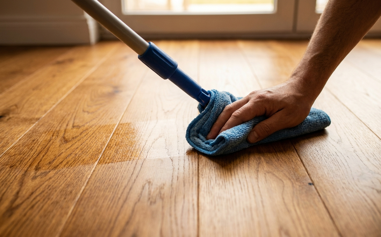 A hand mopping floor with a cloth on a wooden surface, showcasing the cleaning process in a bright room.