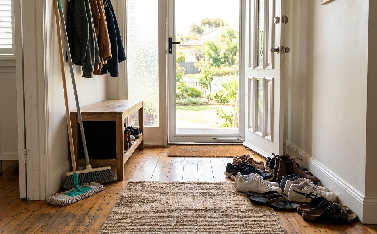 A tidy entrance with shoes neatly lined up and cleaning tools, ready for mopping floor and maintaining cleanliness.