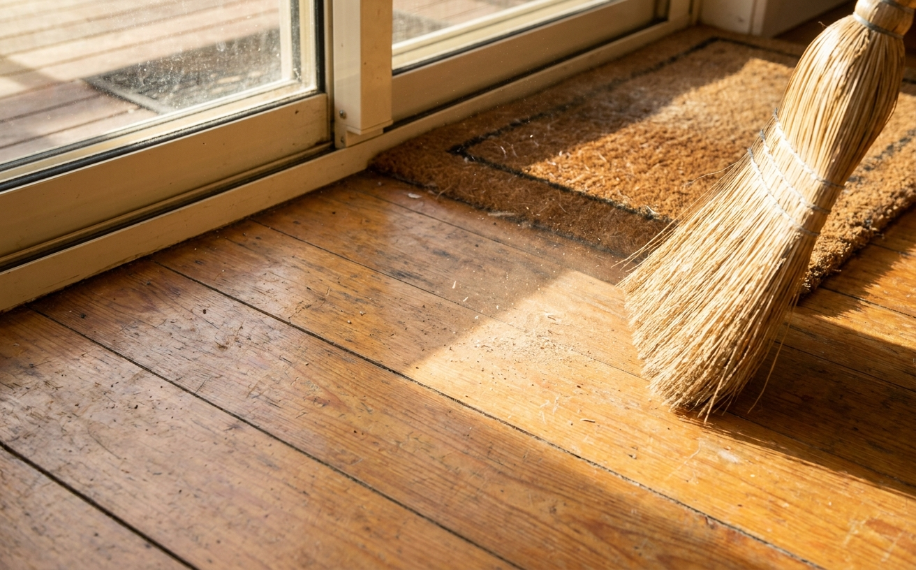 A clean wooden floor near a door, featuring rays of sunlight, ready for mopping floor to maintain its shine.