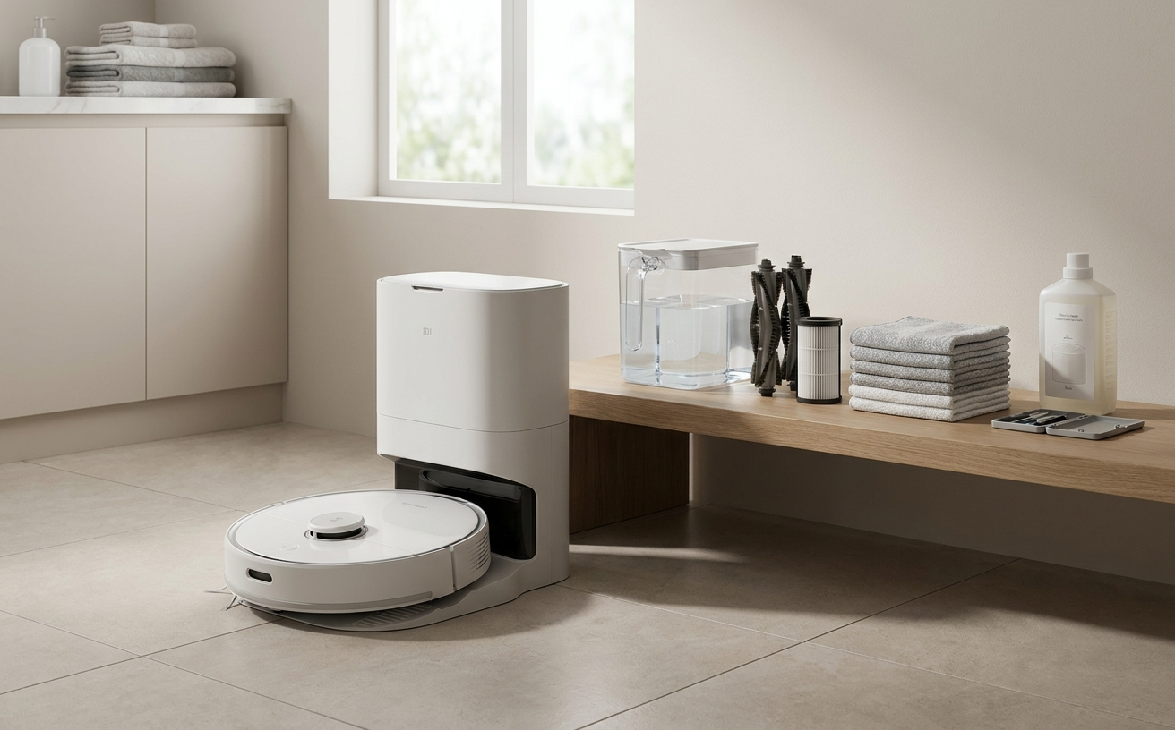 A sleek room showcasing a modern robo mop alongside cleaning supplies and towels on a wooden shelf.