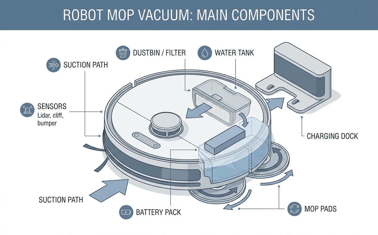 Illustration of a robot mop vacuum highlighting main components like sensors, suction path, water tank, and charging dock.
