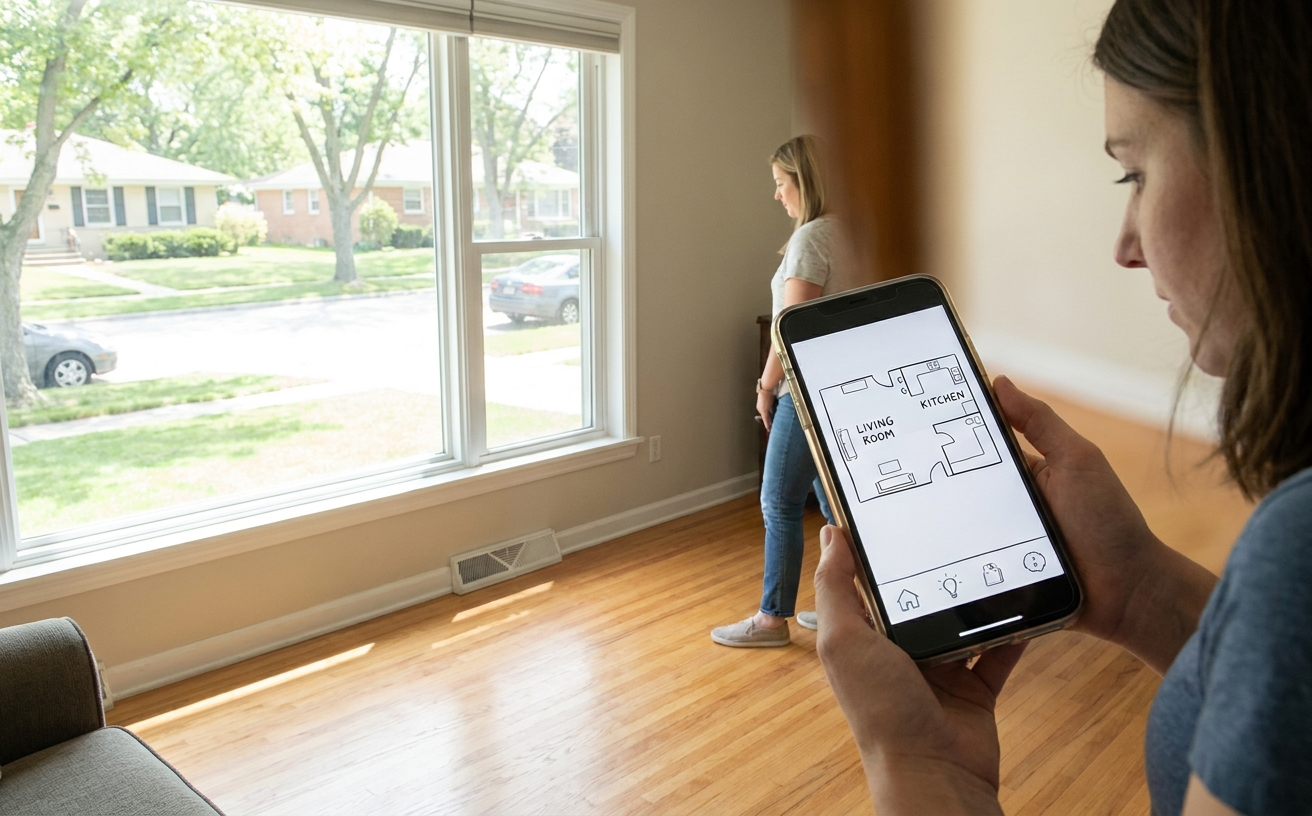 A woman examines a floor plan on her phone while planning for a clean with a robo mop in her new home.