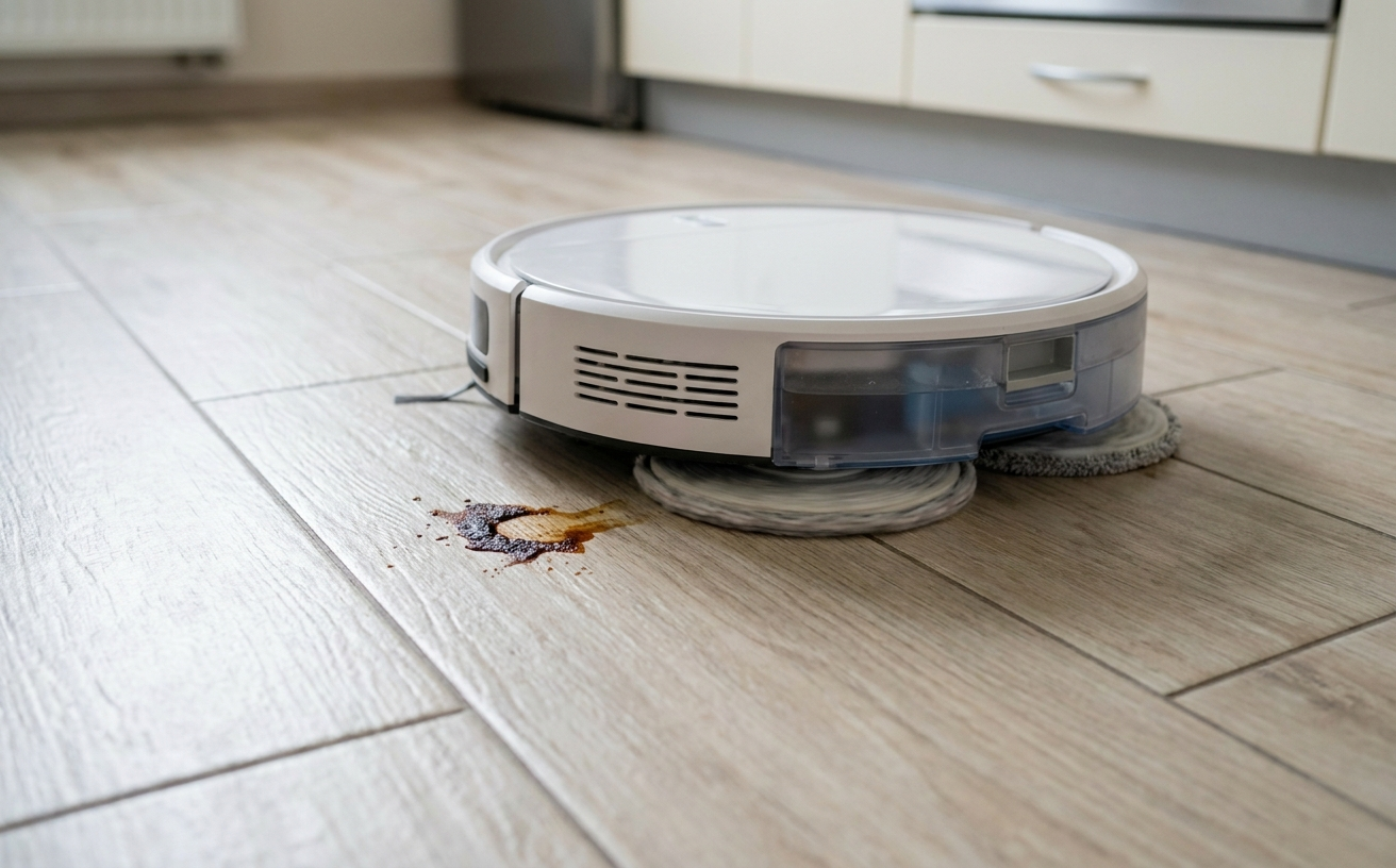 A robo mop cleans a spilled liquid stain on a wooden floor, showcasing modern home automation technology in action.