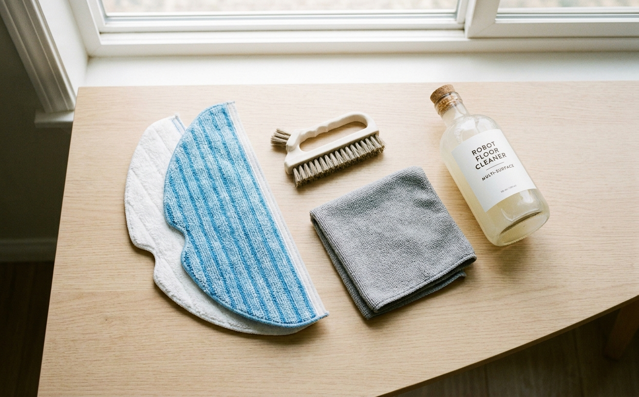 Cleaning tools including mop pads, a brush, and robot floor cleaner for efficient use with mopping robots.