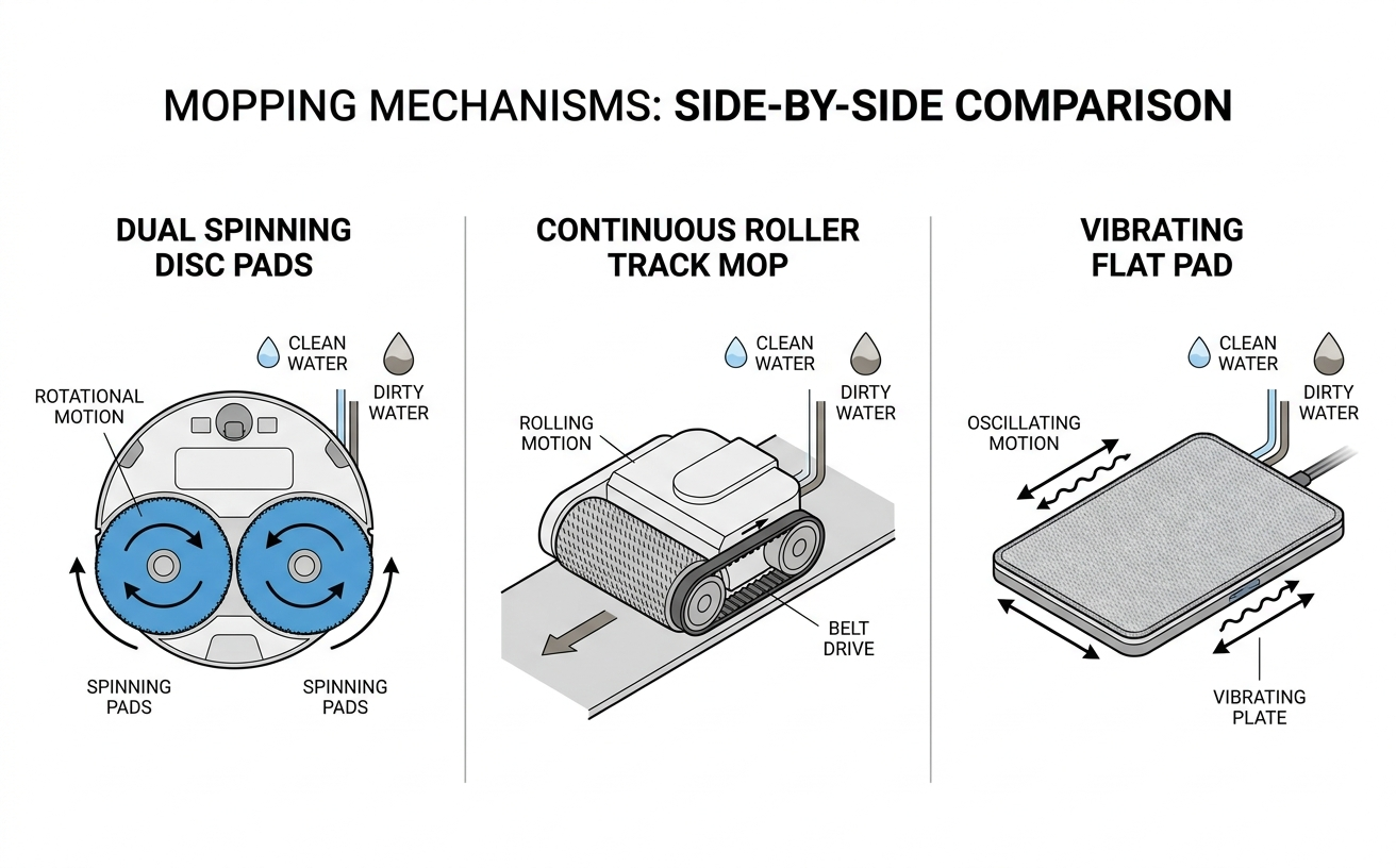 Side-by-side comparison of mopping robots showcasing three different cleaning mechanisms: dual pads, roller mop, and vibrating pad.