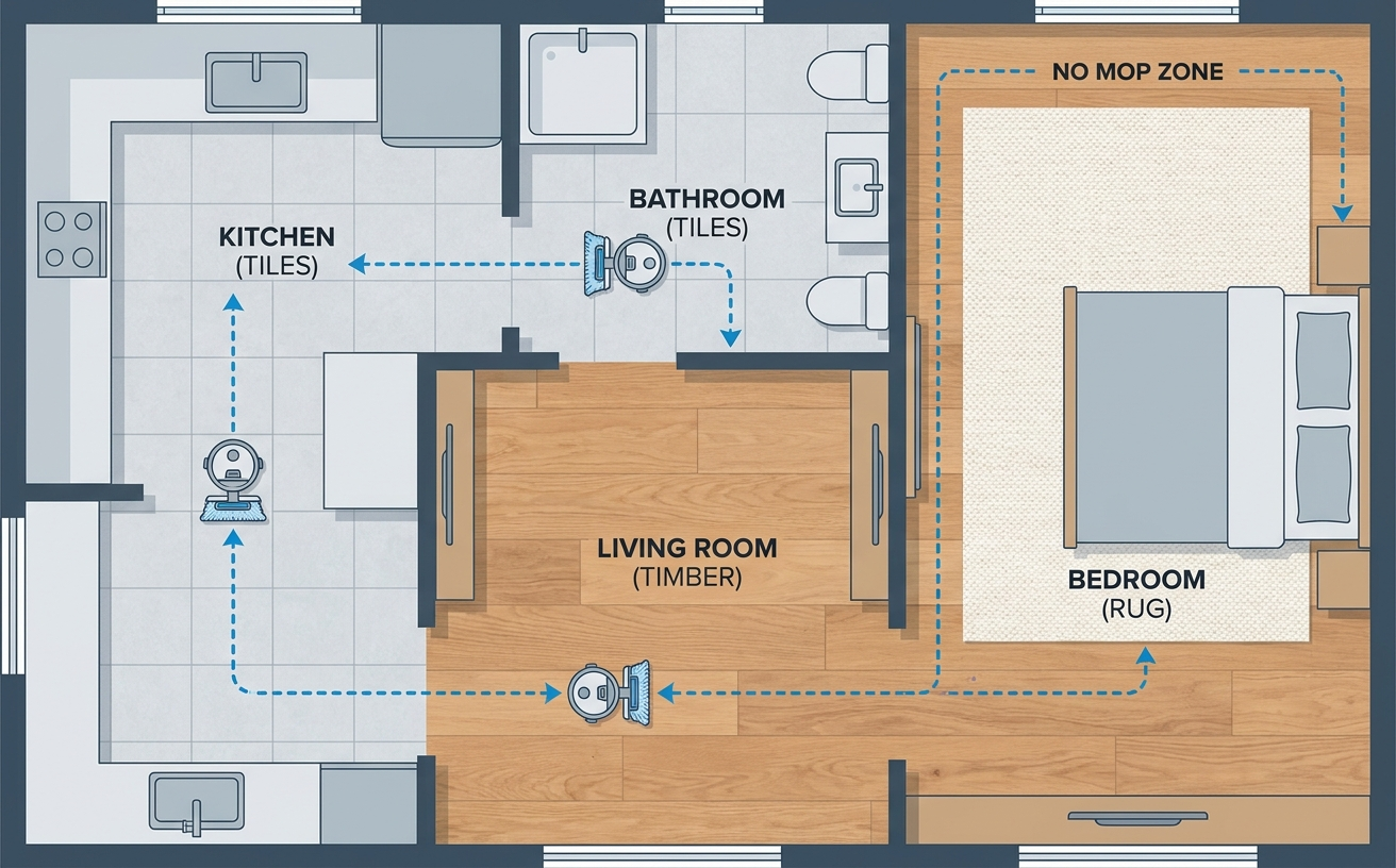 A layout showing rooms in a home where mopping robots operate, highlighting no mop zones for efficient cleaning.