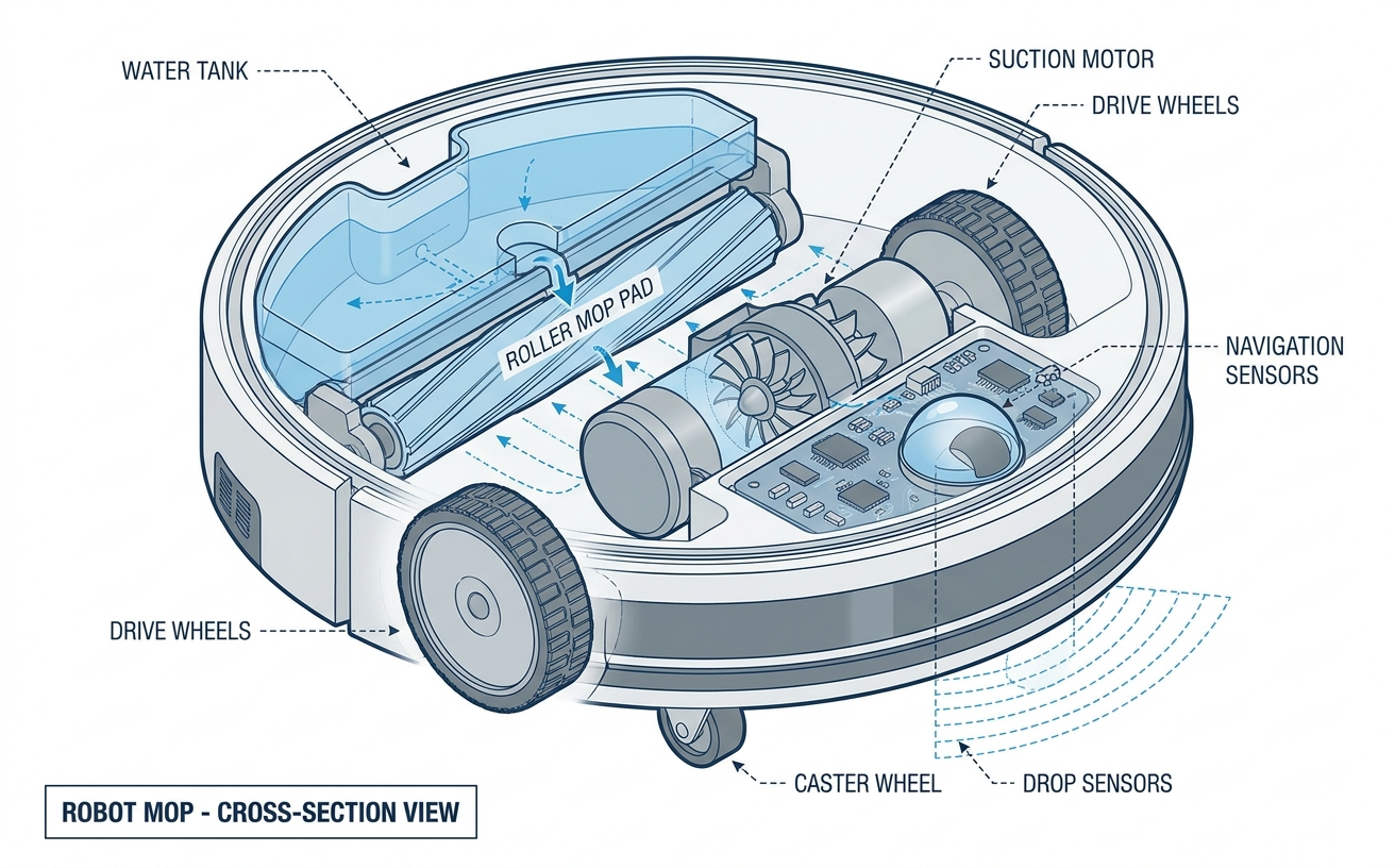A diagram showcasing the internal components of mopping robots, including water tank, sensors, and drive wheels.