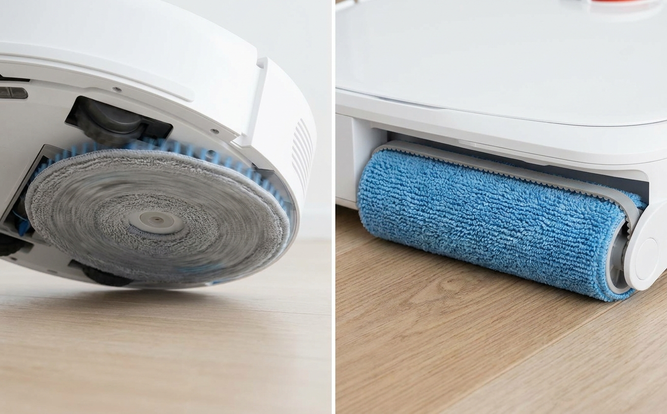 Close-up of a robot vacuum showcasing its mop cleaning pad, ideal for efficient cleaning with robot vacuum and mop cleaners.