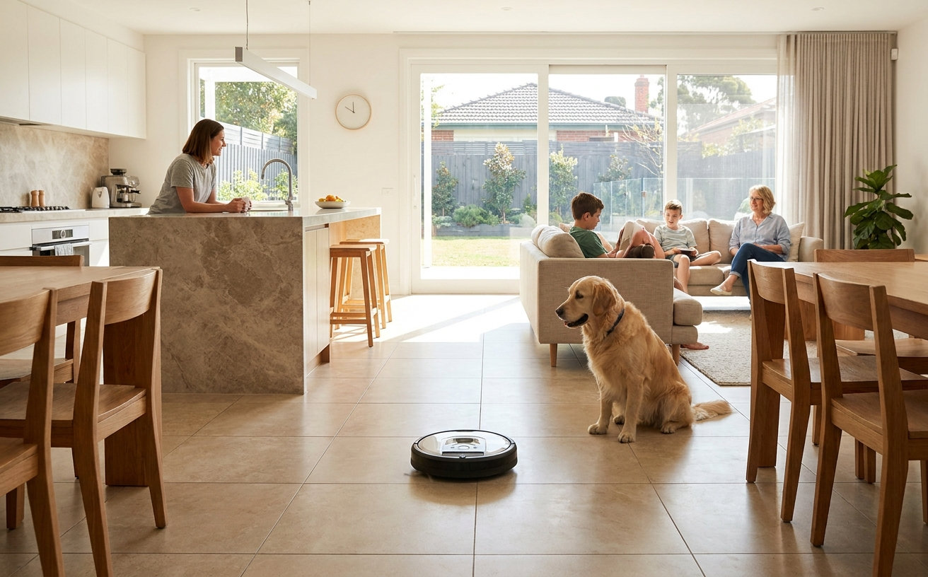 A golden retriever sits in a sunny living room while a robot vacuum and mop cleaners operate nearby, showcasing modern convenience.