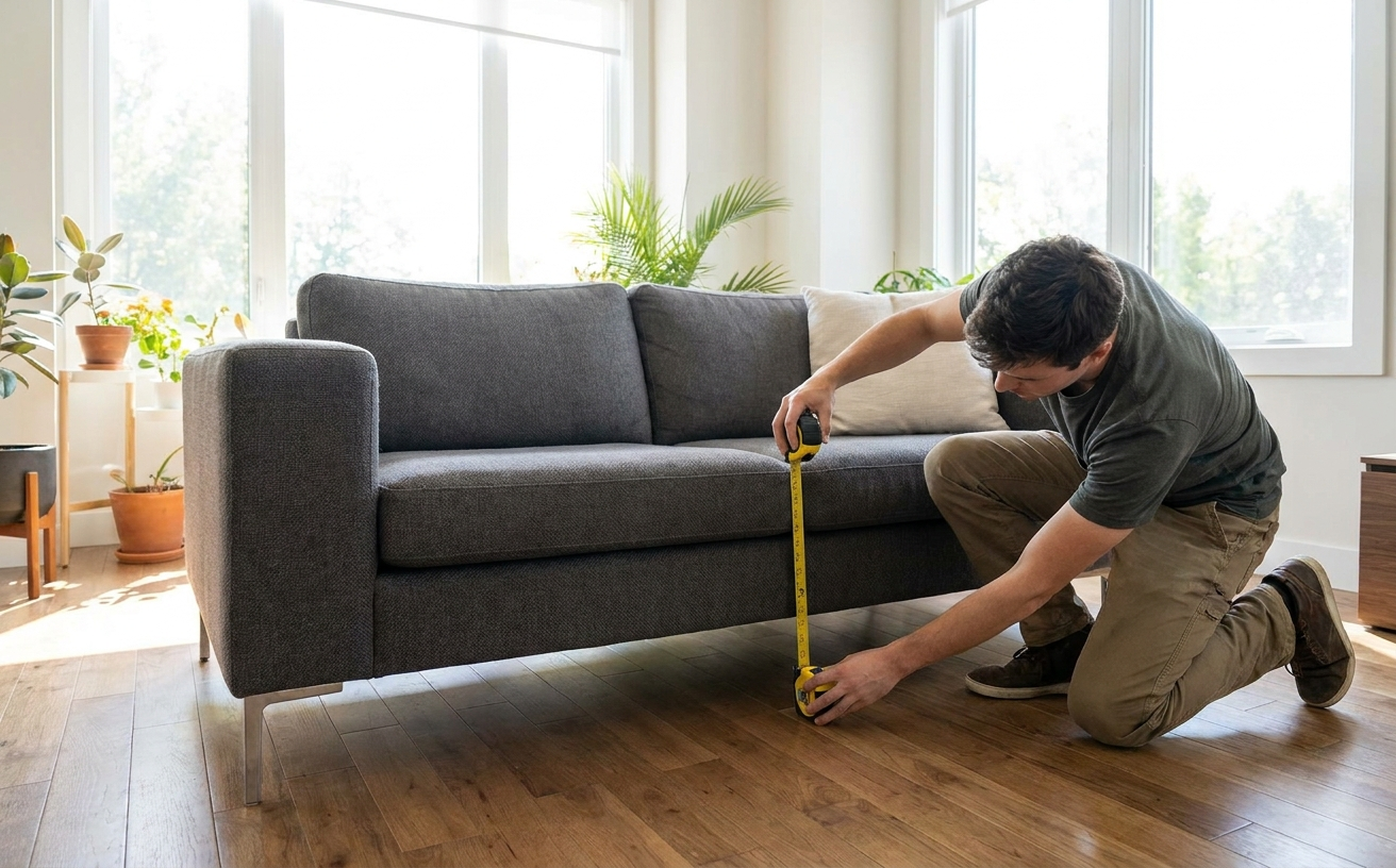 A person measures the space under a couch, planning for robot vacuum and mop cleaners to reach all areas easily.