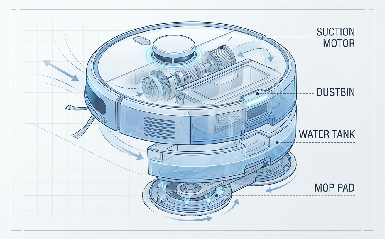 An illustration showing the components of a robot vacuum and mop cleaners, including the dustbin, motor, and water tank.
