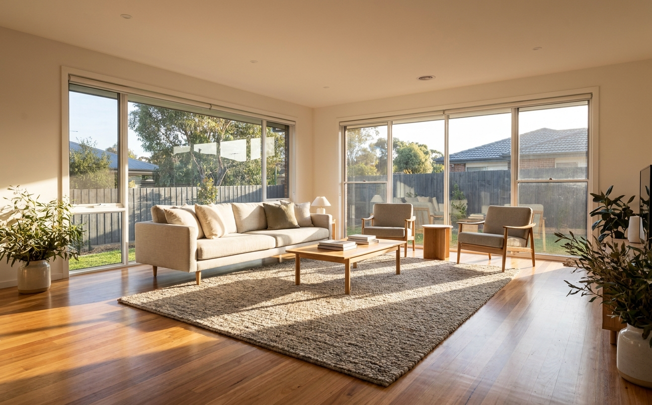 A modern living room with large windows, a cozy couch, and a rug, perfect for a robot specialist's relaxing space.