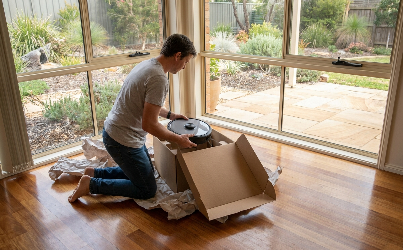 A man unboxes a robotic kitchen appliance, showcasing the excitement of a robot specialist's new gadget at home.