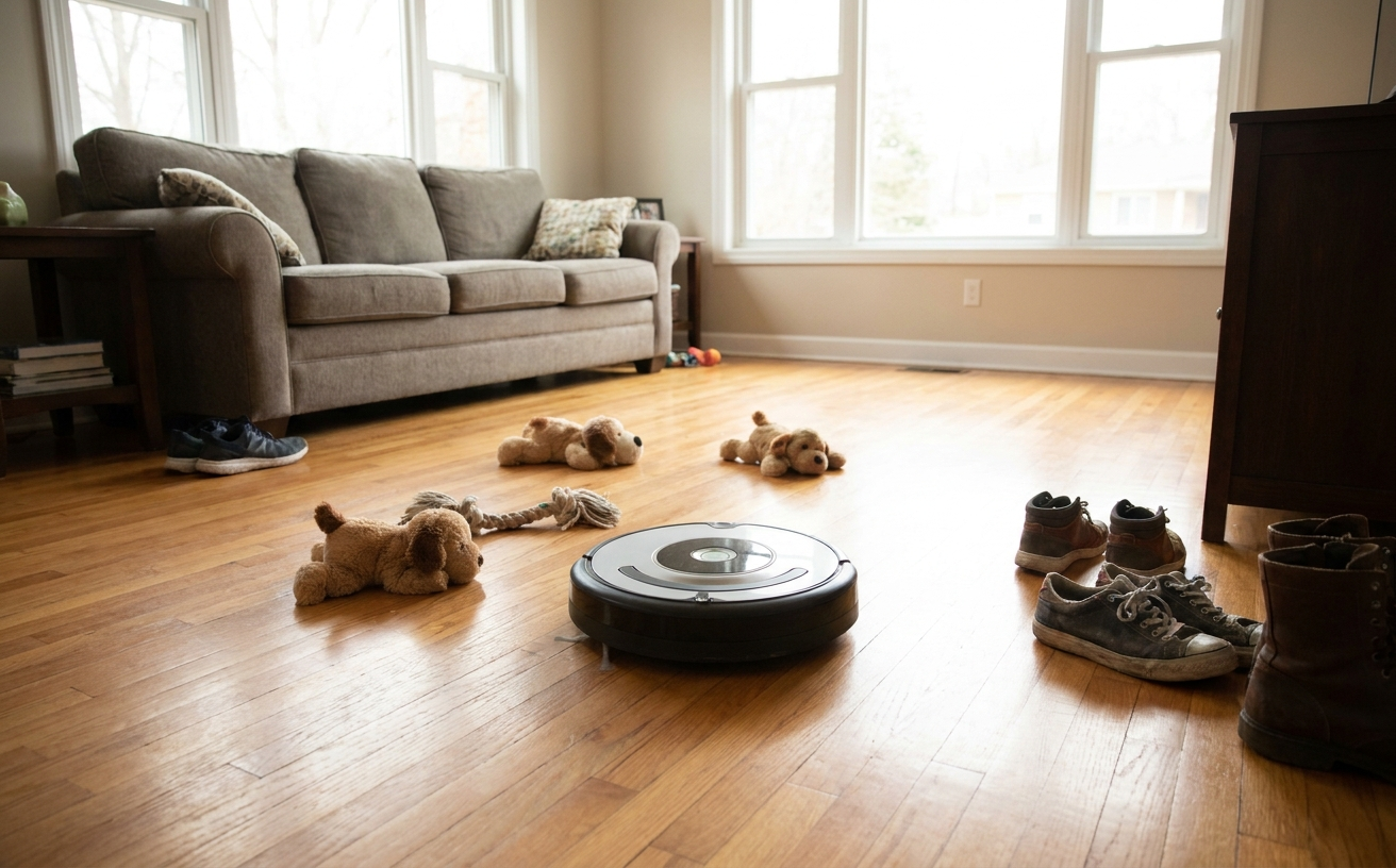 A living room with a robot vacuum cleaner on the floor, surrounded by stuffed animals and shoes, showcasing a cozy environment.