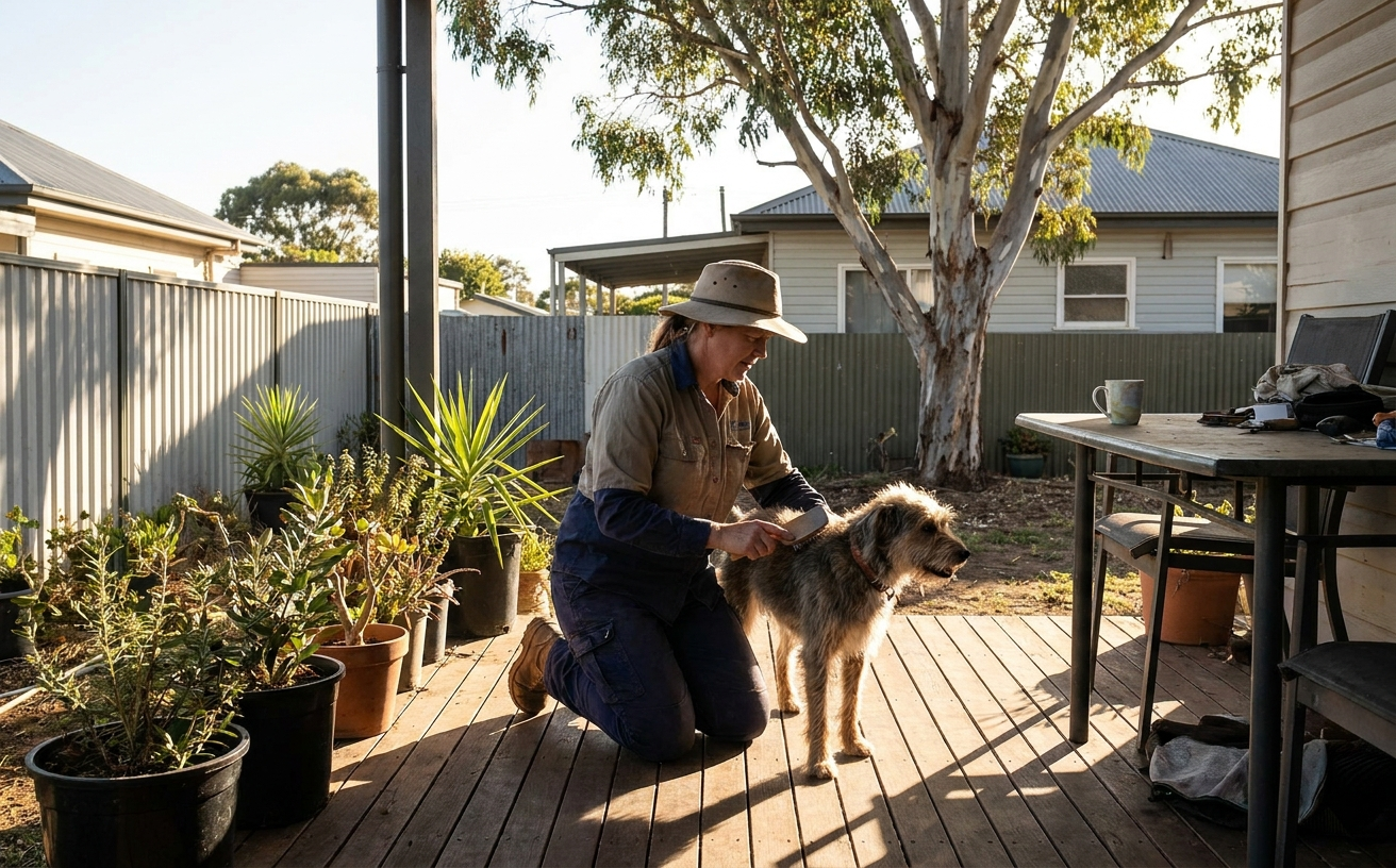 A person gently brushes a dog outdoors to eliminate pet hair while surrounded by potted plants and a cozy setting.