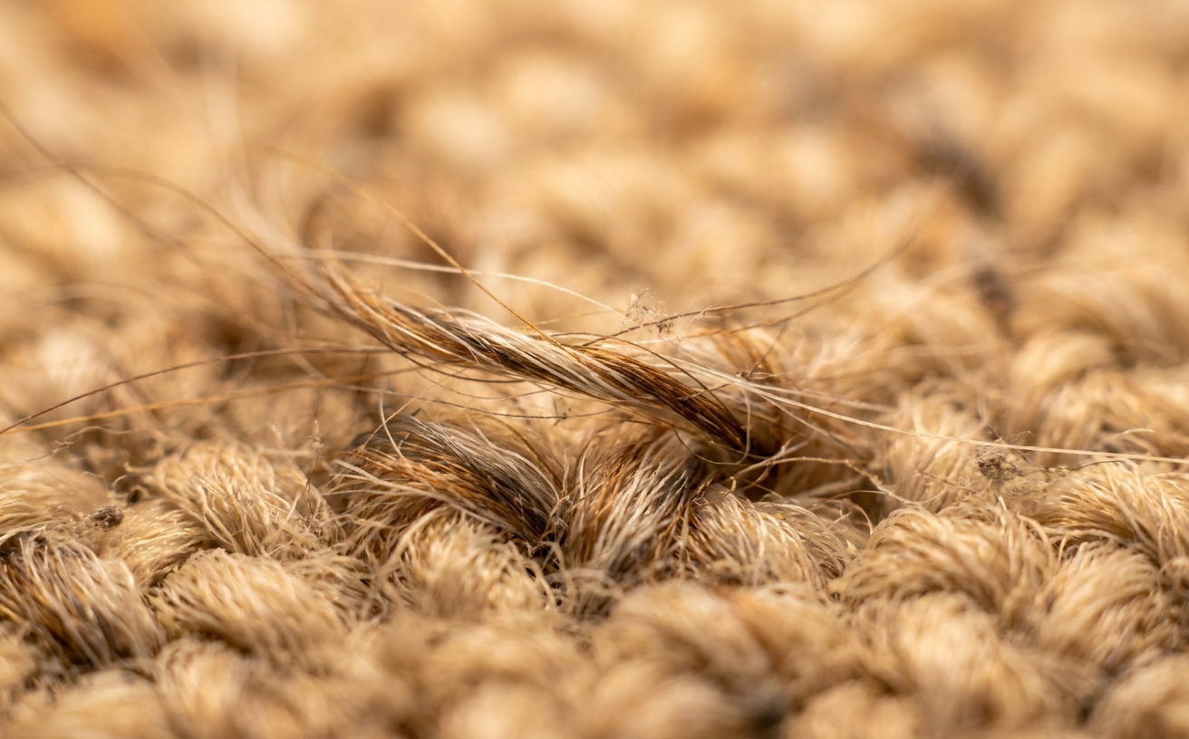Close-up of carpet fibers with pet hair intertwined, highlighting the challenge to eliminate pet hair effectively.