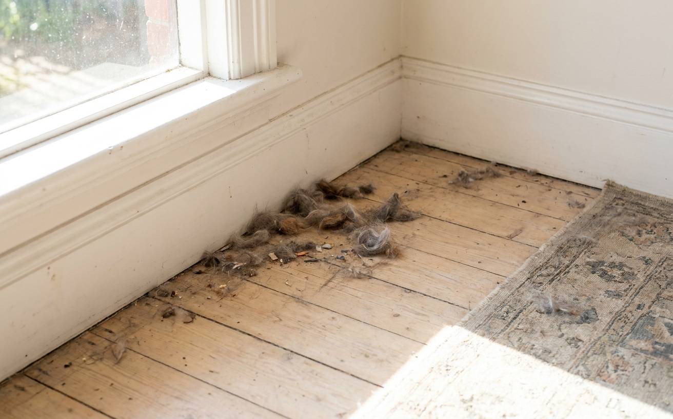 Dust and pet hair accumulate in a corner, highlighting the need to eliminate pet hair for a cleaner home environment.
