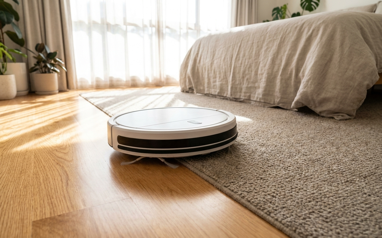 A sleek automatic carpet cleaner operates on a textured rug in a sunlit bedroom, showcasing modern home technology.