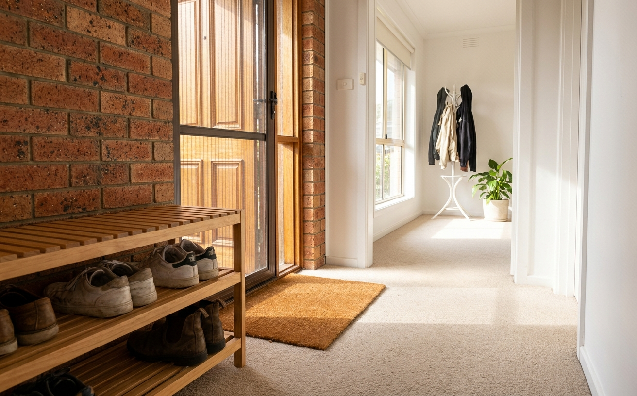 A warm entrance hallway featuring a shoe rack, natural light, and an automatic carpet mat enhancing the cozy ambiance.