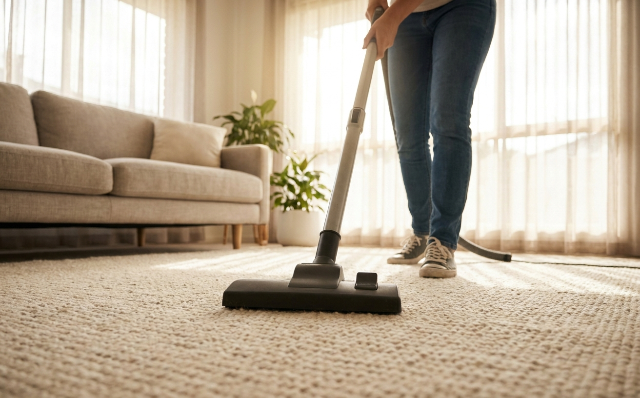 A person using a vacuum cleaner on a textured carpet in a cozy living room, showcasing effective automatic carpet cleaning.