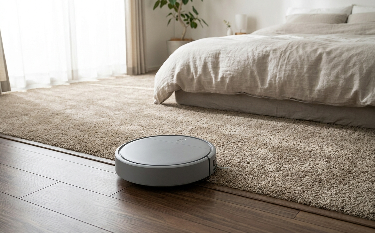 A robot vacuum cleaner for carpet glides smoothly across the plush surface, efficiently picking up dirt in a cozy bedroom.