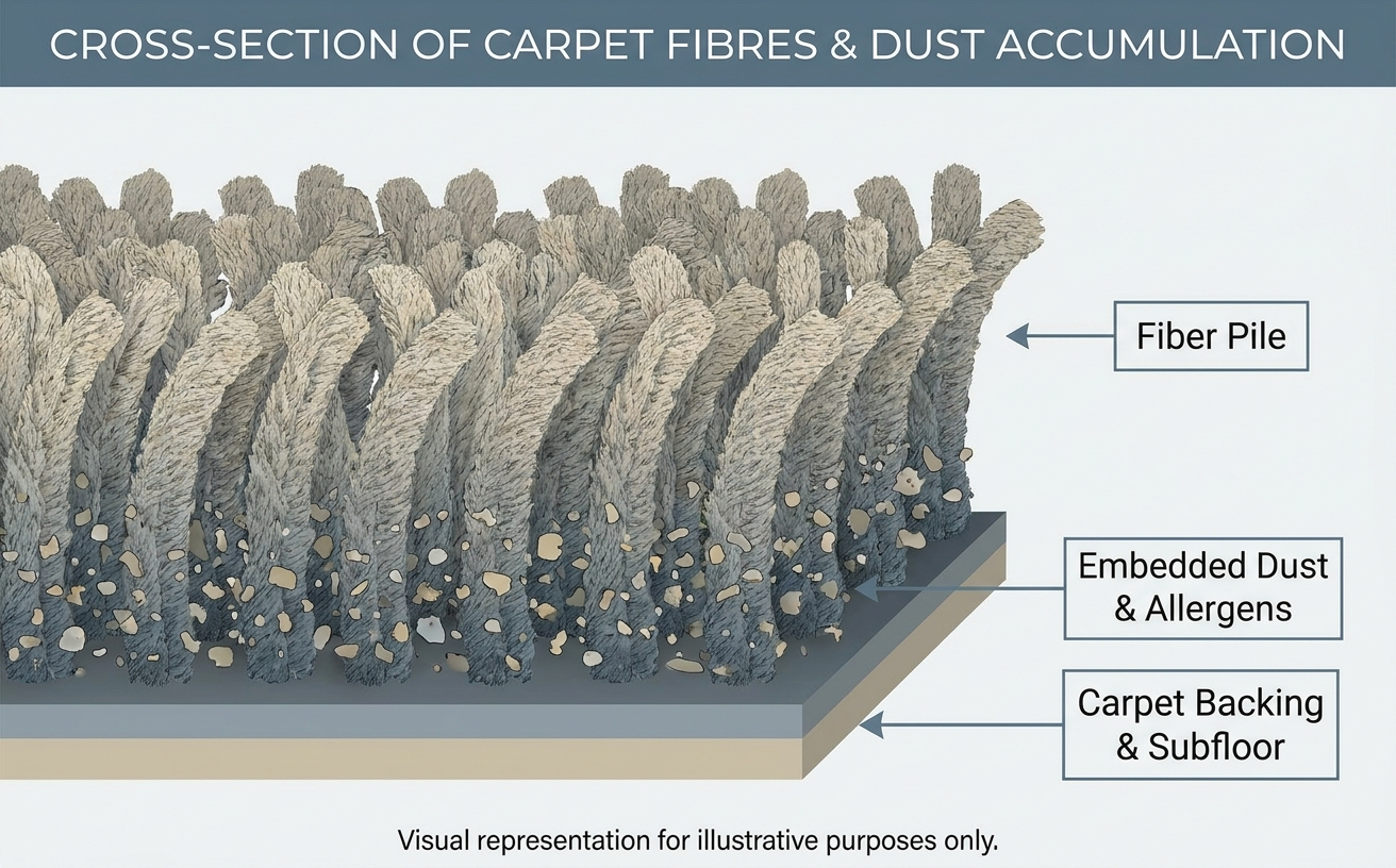 Cross-section illustration showing carpet fibers, dust accumulation, and benefits of a robot vacuum cleaner for carpet maintenance.