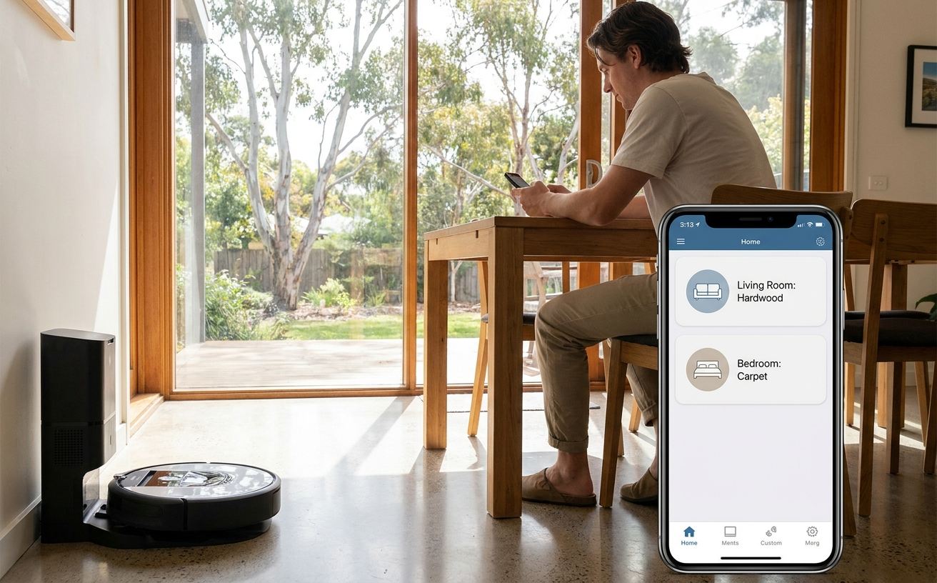 A person using a smartphone to control a robot vacuum cleaner for carpet, relaxing in a bright, modern living space.
